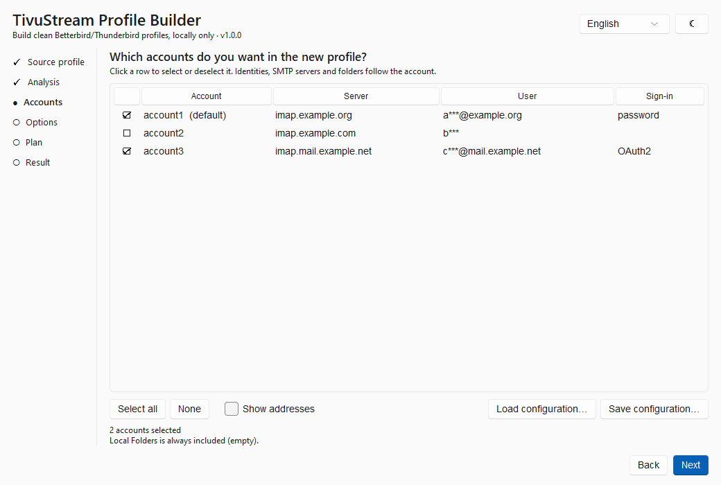 The account selection screen